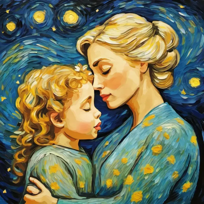 Mother says goodnight and kisses Sweet girl, short frizzy blonde hair, helpful, bright eyes.