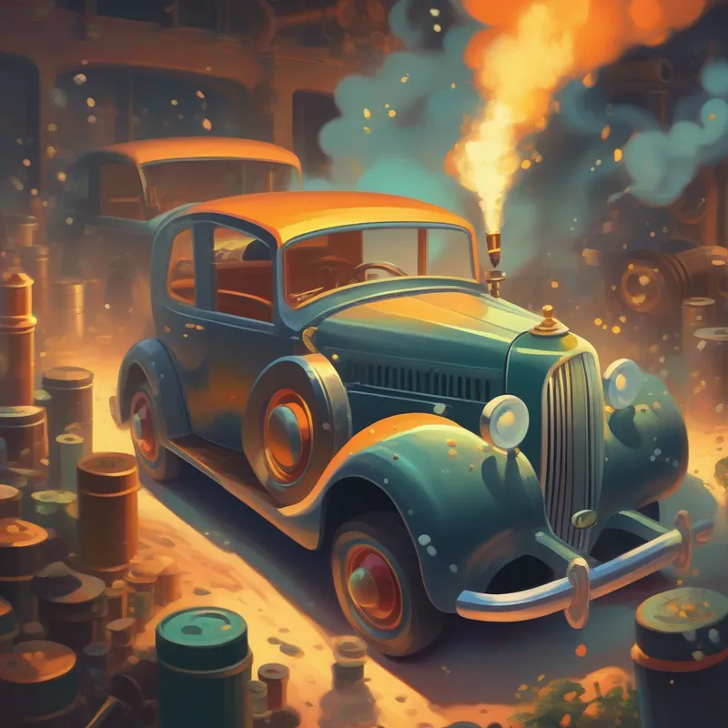 the car inventor  pretended to turn the key and explained how fuel mixes with air to create tiny explosions that move the pistons up and down.