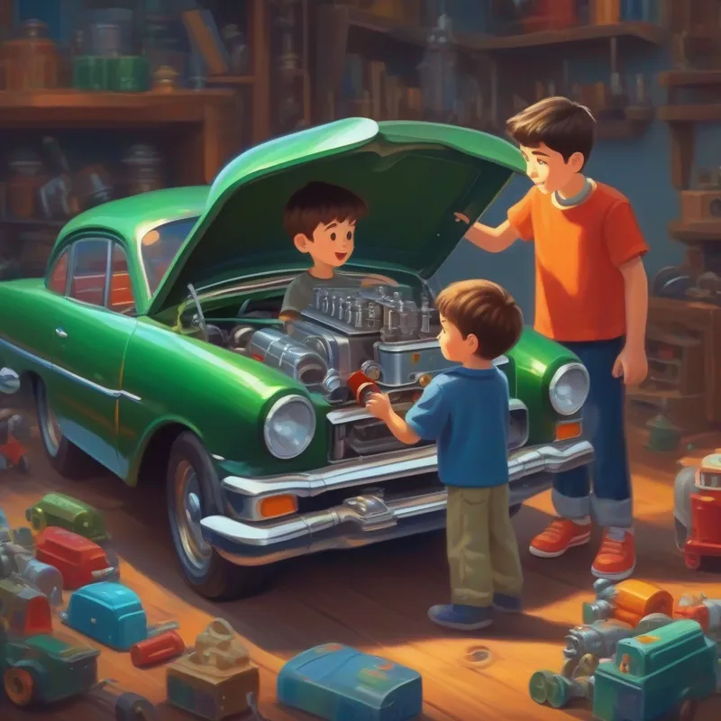 He showed Alex a toy car with an open hood and explained the different parts of the engine, like pistons, spark plugs, and cylinders.