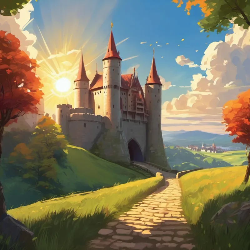 The image shows a beautiful medieval castle with tall towers and a drawbridge. The sun is shining brightly in the sky.
