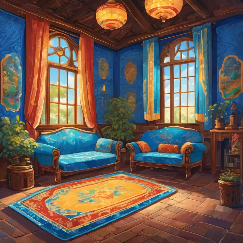 The image shows a large hall with a colorful tapestry hanging on the wall. Friendly blue tapestry with a warm smile and sparkling eyes, a blue tapestry with a friendly smile, is chatting happily.