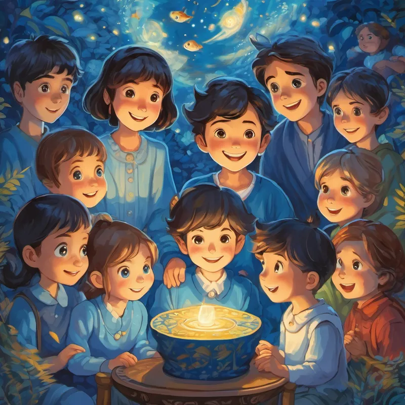 The image shows Friendly blue tapestry with a warm smile and sparkling eyes surrounded by some curious children and adults, all listening attentively to her stories.
