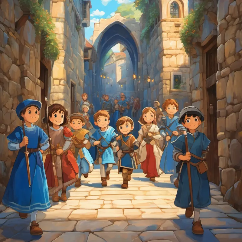 The image shows Friendly blue tapestry with a warm smile and sparkling eyes leading a group of excited children through a grand hallway with tall stone walls and suits of armor lining the sides.