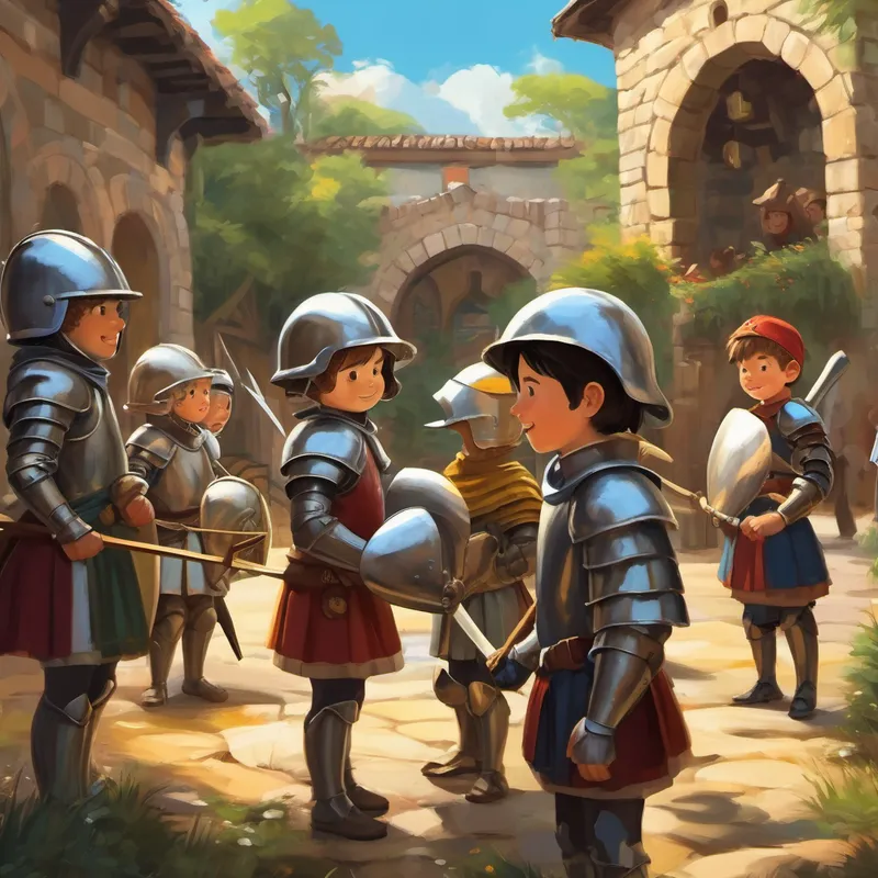 The image shows the children trying on helmets, gloves, and holding wooden swords while the knights smile and watch.