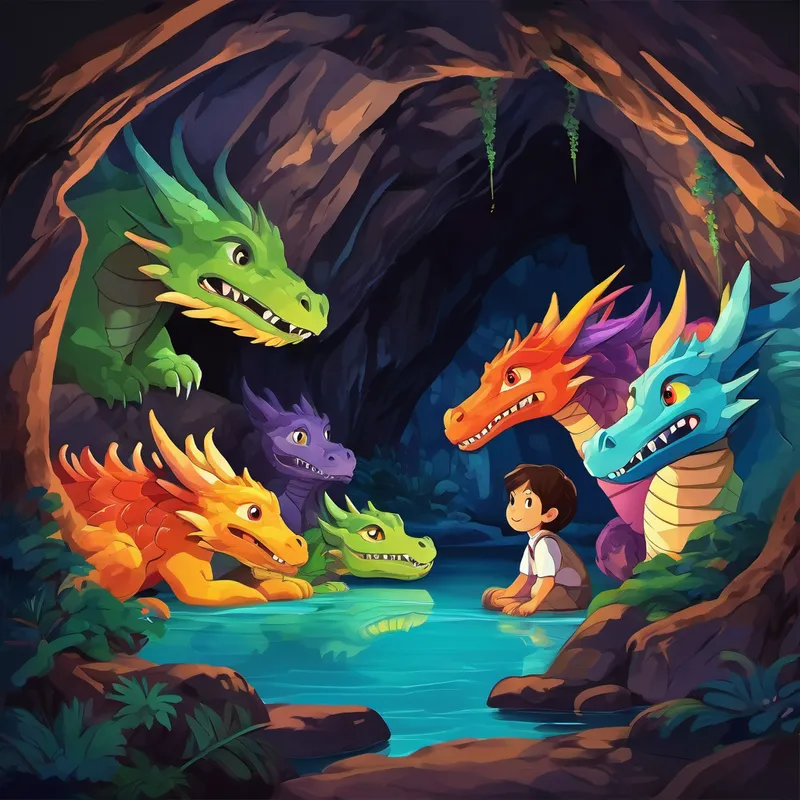 The image shows a dark cave with colorful dragons sleeping, some with their eyes half-open. The children look both excited and a little nervous.