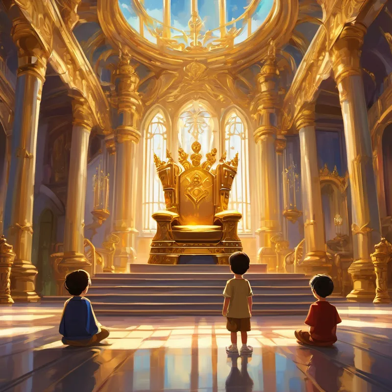 The image shows a grand room with a golden throne at the center. The children stand in awe, imagining what it would be like to be a king or queen.