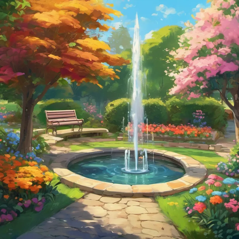 The image shows a peaceful garden with colorful flowers, a fountain, and benches. The children sit on the grass, laughing and talking.