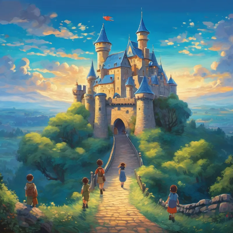 The image shows Friendly blue tapestry with a warm smile and sparkling eyes saying goodbye to the children, who wave back with smiles on their faces. The castle stands tall and proud in the background.