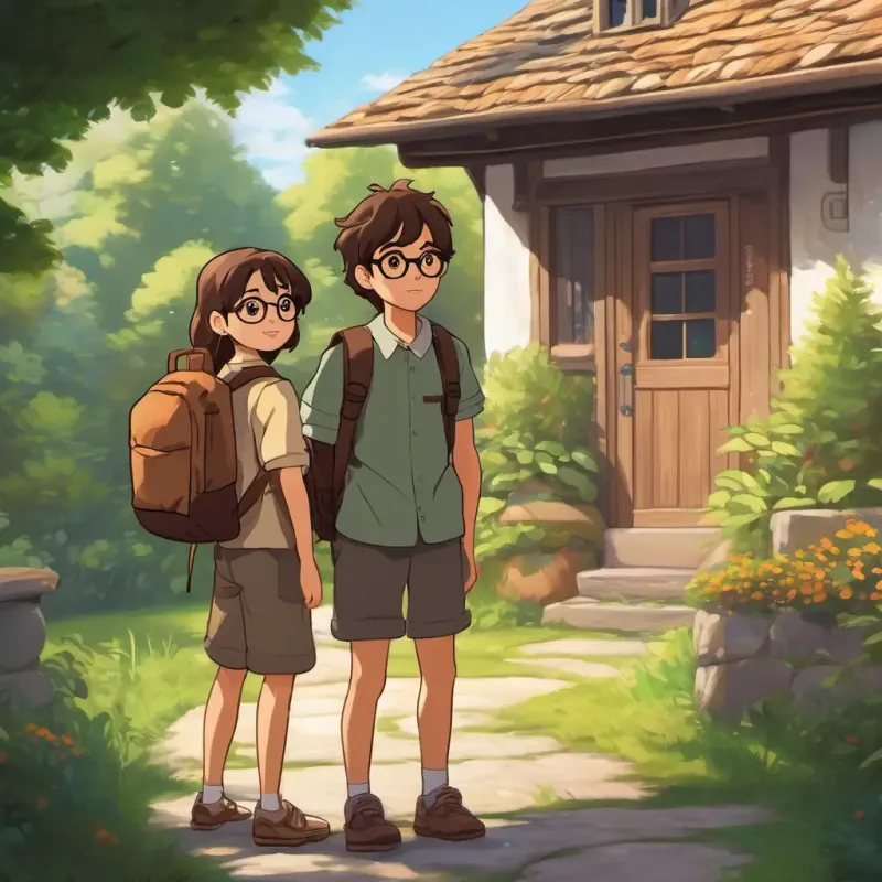 Wears glasses, shorter in height, brown eyes and Long brown hair, tall, brown eyes are standing outside their house, with their backpacks on, ready for an adventure.
