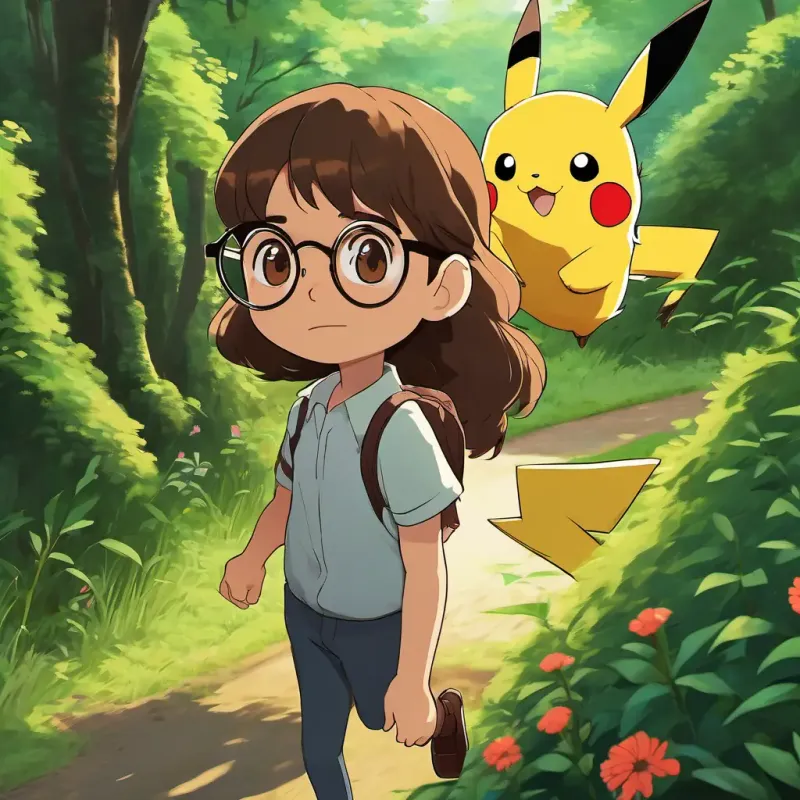 Wears glasses, shorter in height, brown eyes and Long brown hair, tall, brown eyes are in a park, sneaking towards a bush where Pikachu is hiding.