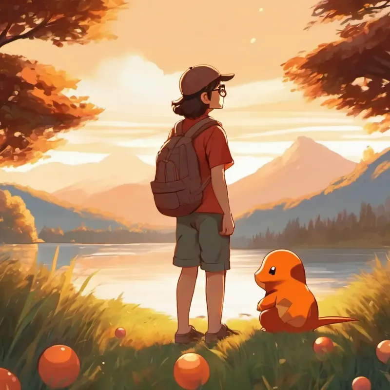 Wears glasses, shorter in height, brown eyes and Long brown hair, tall, brown eyes are by the lake, looking at a Charmander, with their pokeballs in hand.