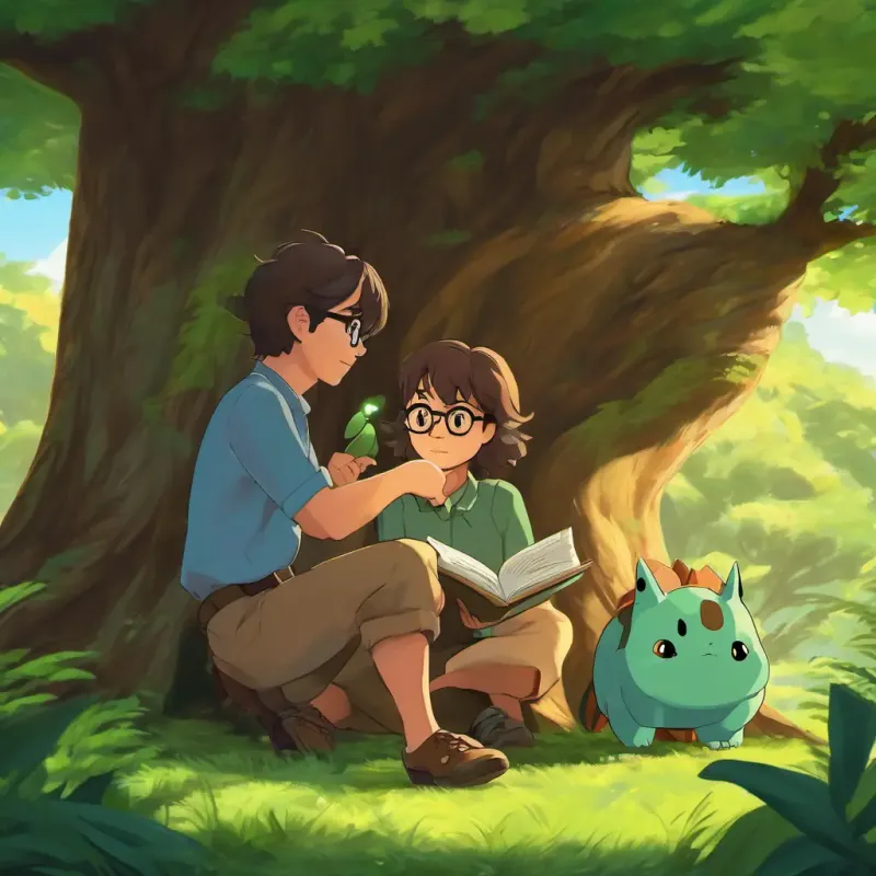 Wears glasses, shorter in height, brown eyes and Long brown hair, tall, brown eyes are near a tall tree, discussing their plan to catch a Bulbasaur.