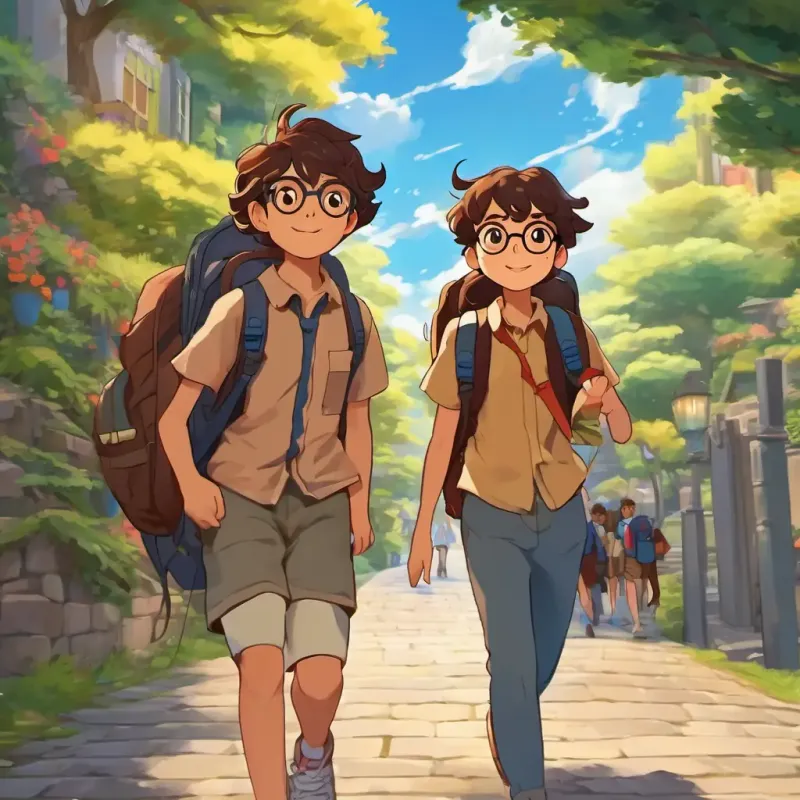 Wears glasses, shorter in height, brown eyes and Long brown hair, tall, brown eyes are walking back home, with their backpacks full and pokemons peeking out.