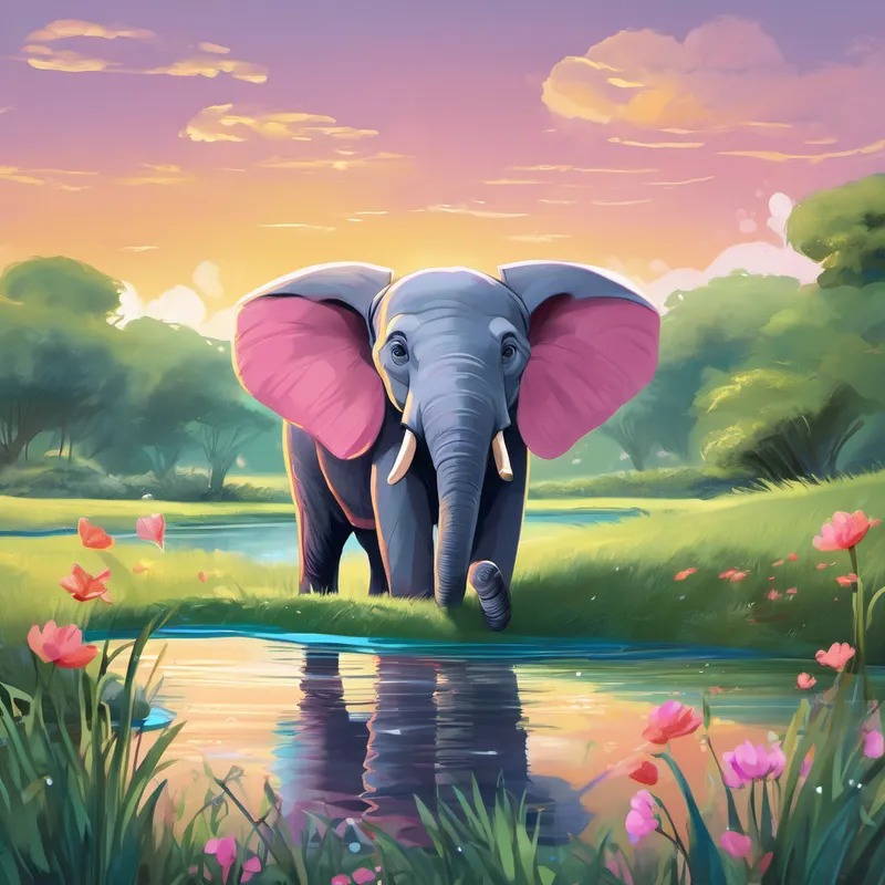 Once upon a time in the enchanted land of Smilington, there lived a young elephant named Ella. Ella was a sweet and kind-hearted elephant, but she often felt a little different from the others. You see, Ella had the most radiant pink skin, and her ears were bigger than any other elephants in Smilington. Sometimes, the other animals would make unkind remarks about Ella's appearance, and this made her feel sad. One sunny day, as Ella wandered through the beautiful meadow, she discovered a sparkling pond hidden among the tall grasses. As she approached the water's edge, she noticed a curious creature watching her from the water. It was Nemo, the confident and wise goldfish!