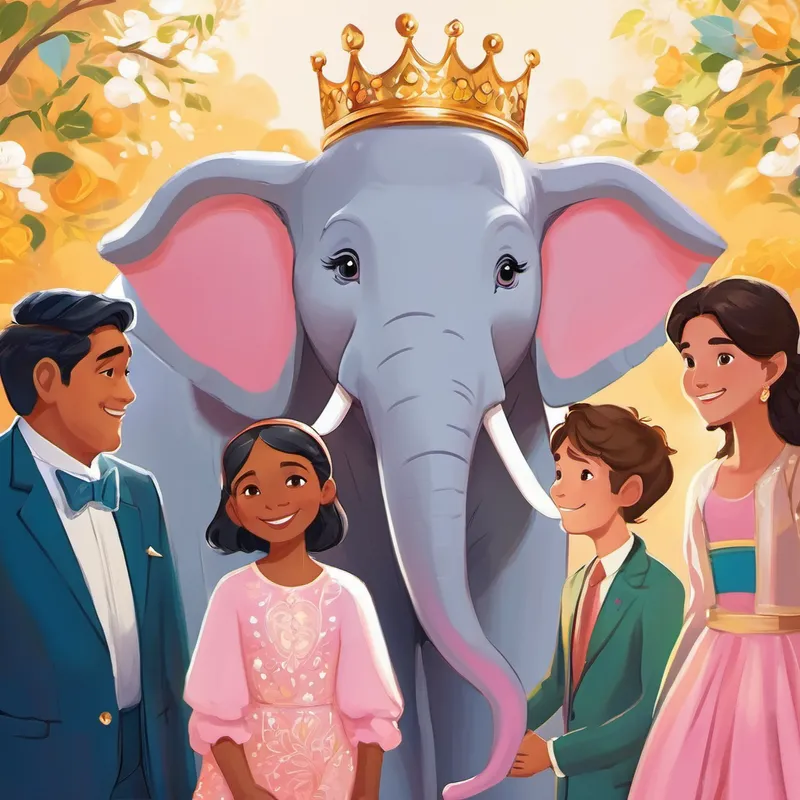 At the celebration, Ella stood tall and proud, surrounded by friends who admired and loved her for exactly who she was. The King and Queen presented her with a special golden crown, which symbolized her newfound confidence. Everyone cheered for Ella, recognizing that true beauty comes from within. And so, the lesson of Ella's story traveled beyond Smilington, teaching children everywhere the importance of embracing their uniqueness and having confidence in themselves, just like Ella, the radiant pink elephant, had learned. From that day on, Ella's tale became a powerful reminder that love and confidence can truly change everything.