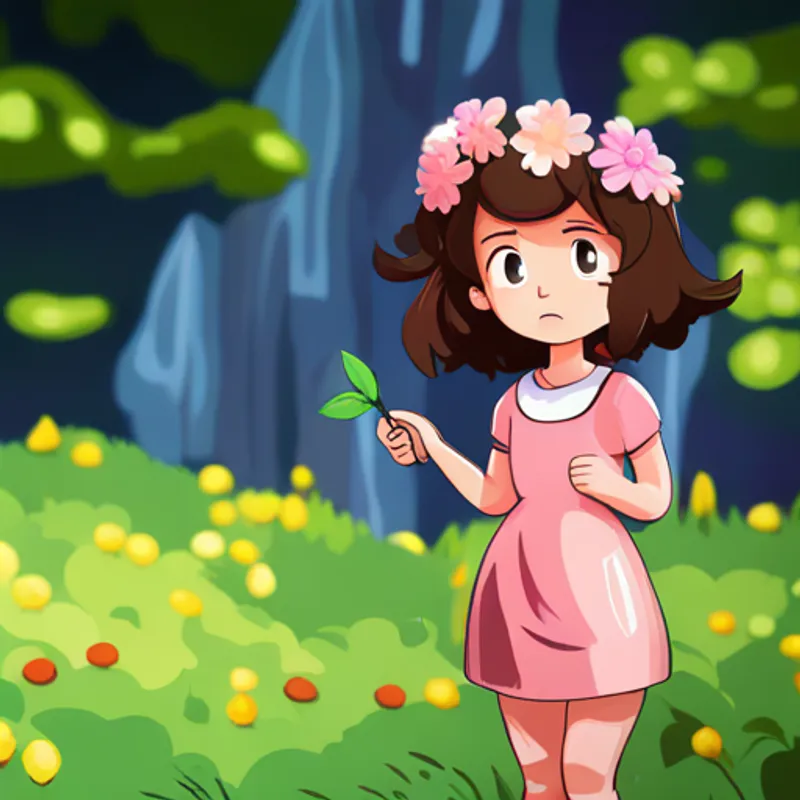 Curly-haired girl with a pink dress and a flower crown sad with other girls using their powers happily