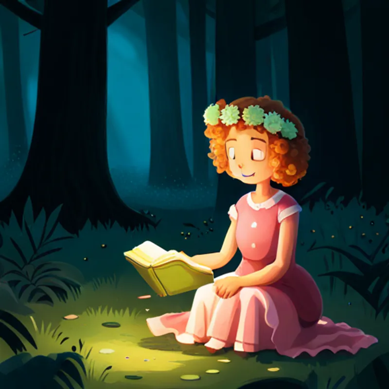 Curly-haired girl with a pink dress and a flower crown finding a dusty book with a glowing cover