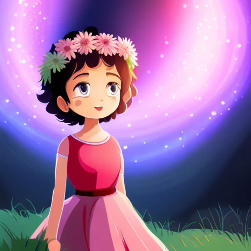 Curly-haired girl with a pink dress and a flower crown surprised, her eyes glowing with magic sparkles