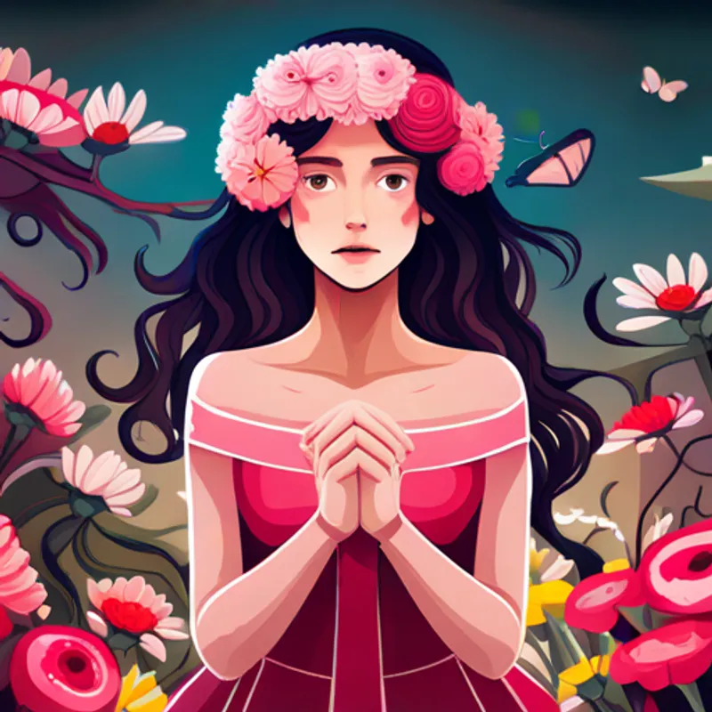 Curly-haired girl with a pink dress and a flower crown surrounded by colorful flowers and butterflies