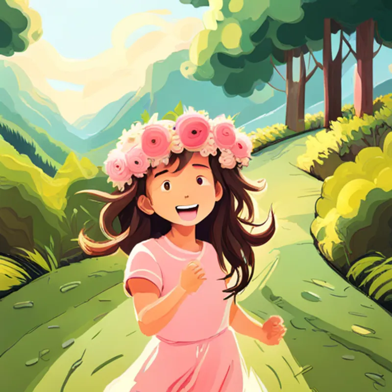 Curly-haired girl with a pink dress and a flower crown running with a big smile towards her family