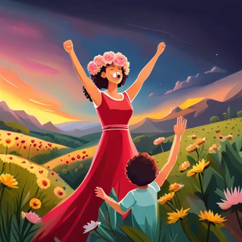 Curly-haired girl with a pink dress and a flower crown's family clapping and cheering with joy