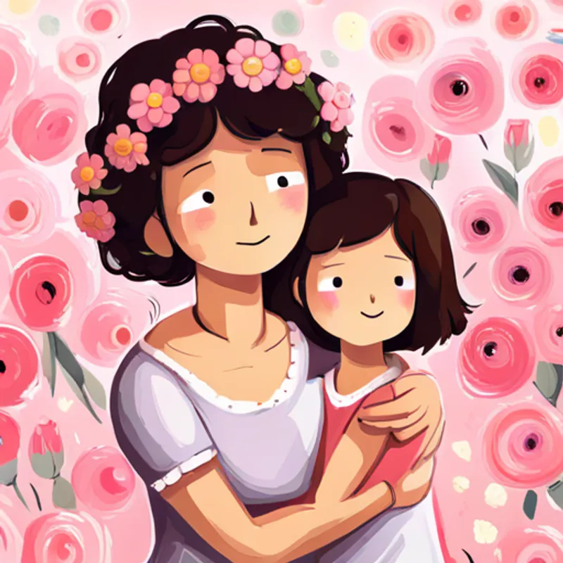 Curly-haired girl with a pink dress and a flower crown hugging her family, surrounded by love and happiness