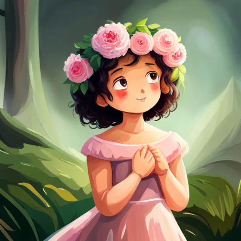 Curly-haired girl with a pink dress and a flower crown feeling confident and strong, surrounded by love
