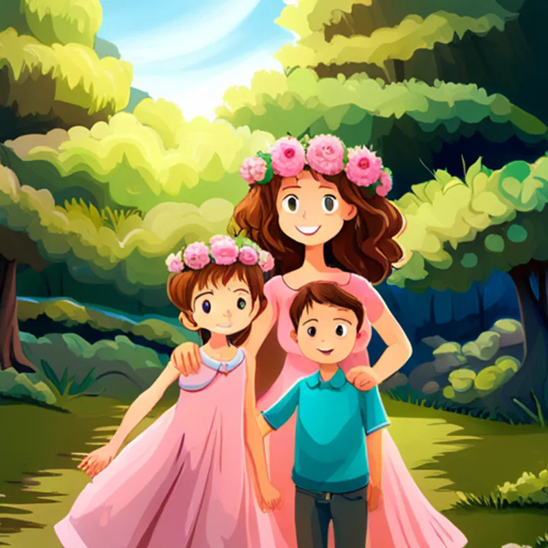 Curly-haired girl with a pink dress and a flower crown smiling, hand in hand with her family