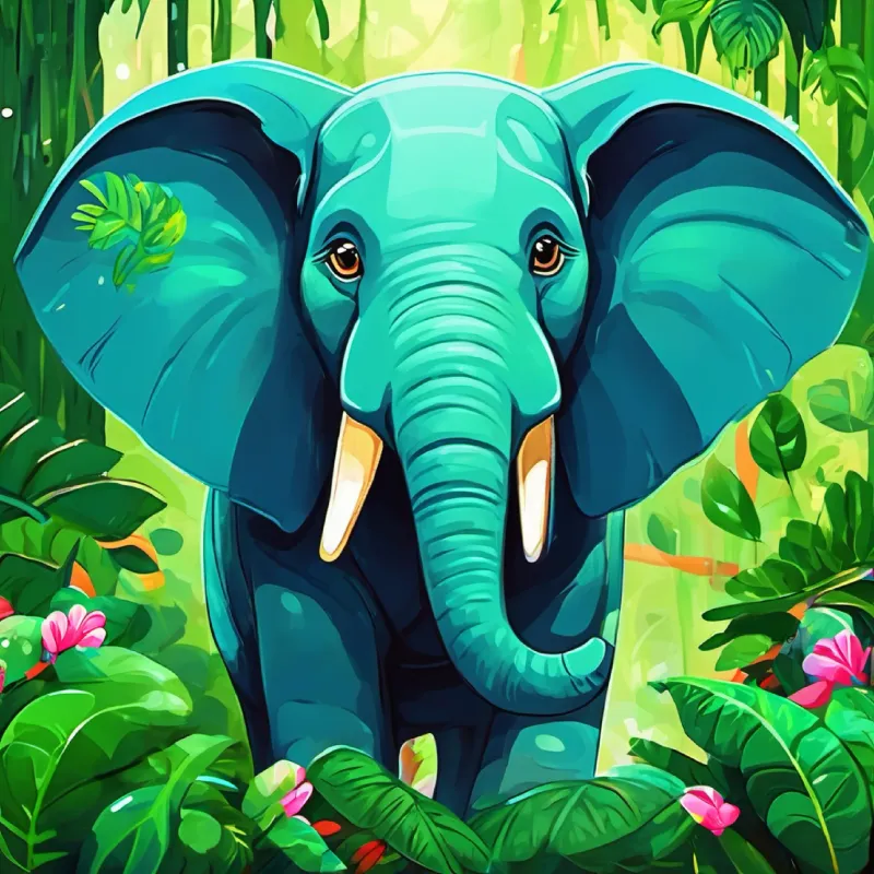 Happy elephant with a big heart, blue eyes the elephant in a green, happy jungle