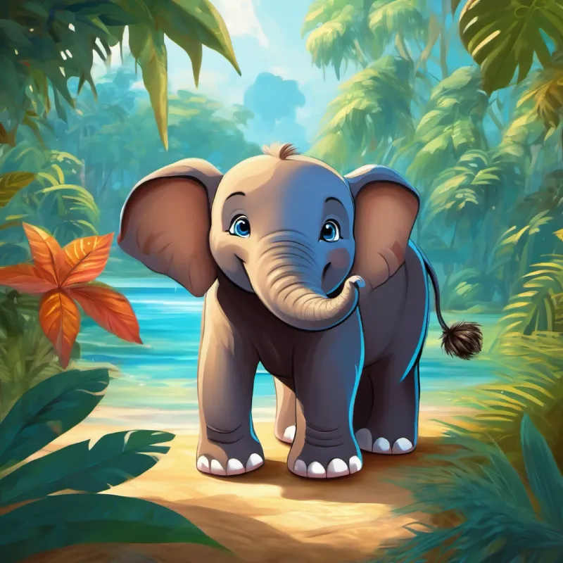 Happy elephant with a big heart, blue eyes and Playful monkey with twinkling eyes, brown fur meeting in the sunny jungle