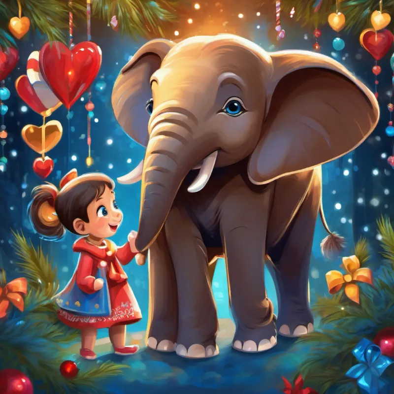 Happy elephant with a big heart, blue eyes realizing her special love for Playful monkey with twinkling eyes, brown fur