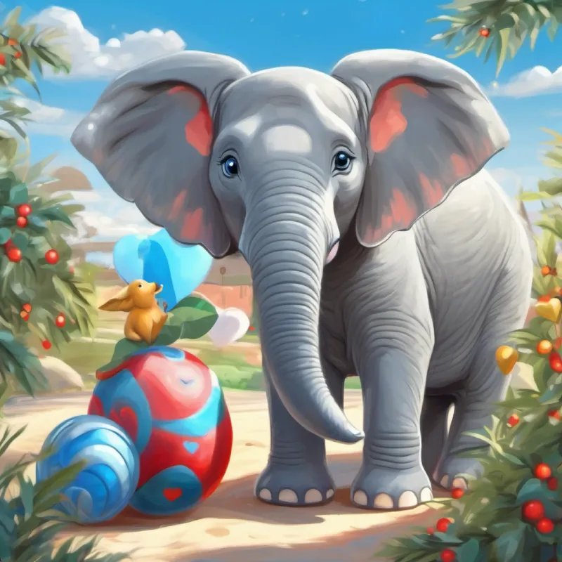 Happy elephant with a big heart, blue eyes and Concerned elephant with kind eyes, gray skin relaxing in the warm sunshine
