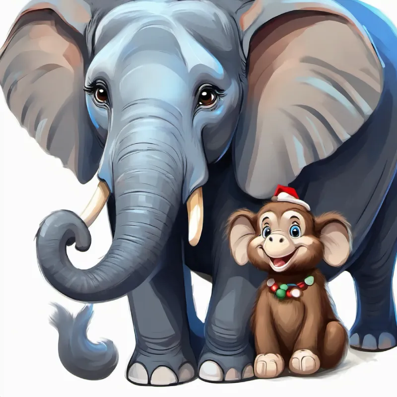 Happy elephant with a big heart, blue eyes expressing her love for Playful monkey with twinkling eyes, brown fur to Concerned elephant with kind eyes, gray skin