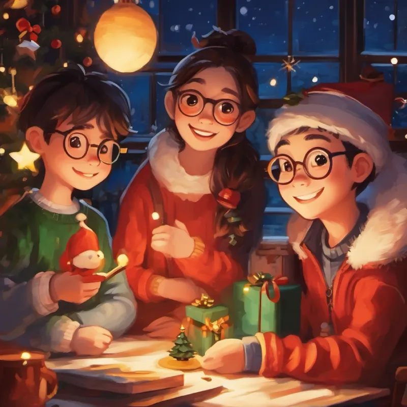 Small-eyed, plump, glasses, pimples, a smile that's bright and warm's new friendships, collaboration on a group painting.