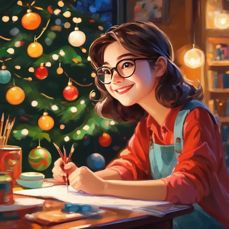 Small-eyed, plump, glasses, pimples, a smile that's bright and warm painting her canvas, deeply engaged and happy.