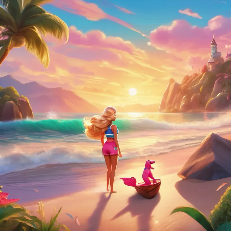 Barbie starts her day at the beach, feeling excited.