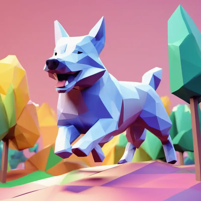 During the day, Briosc plays and has fun. The visual description shows Briosc chasing his tail, running in the park, and wagging his tail happily. At night, Briosc yawns, stretches, and jumps into his bed with excitement.