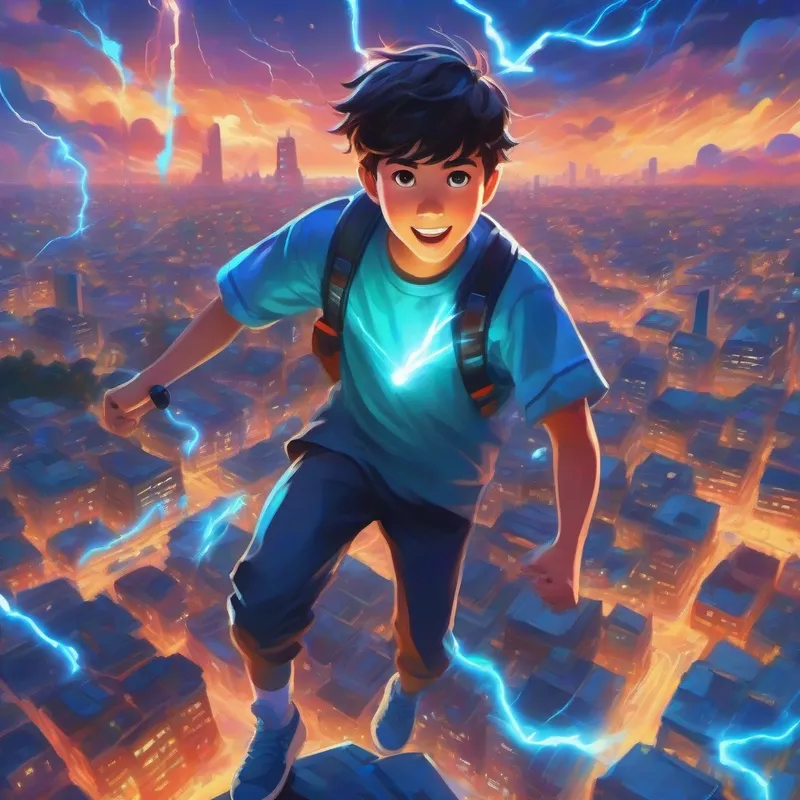 Boy with electrifying powers, blue lightning, determined expression and Girl with gravity control, floating objects, confident smile unlocking powers, colorful cityscape, excitement