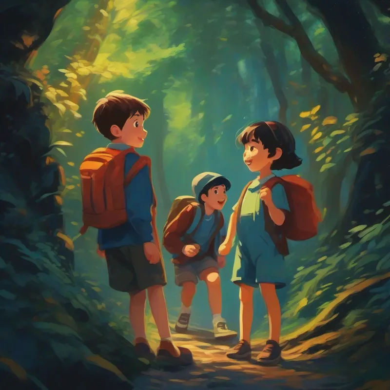 Excited kids exploring secret, mysterious connection, dark tones