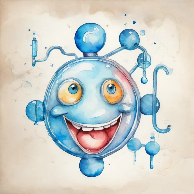 Happy glucose molecule, transparent, with smiling face and bright blue eyes passes through the Esophagus to the Stomach.