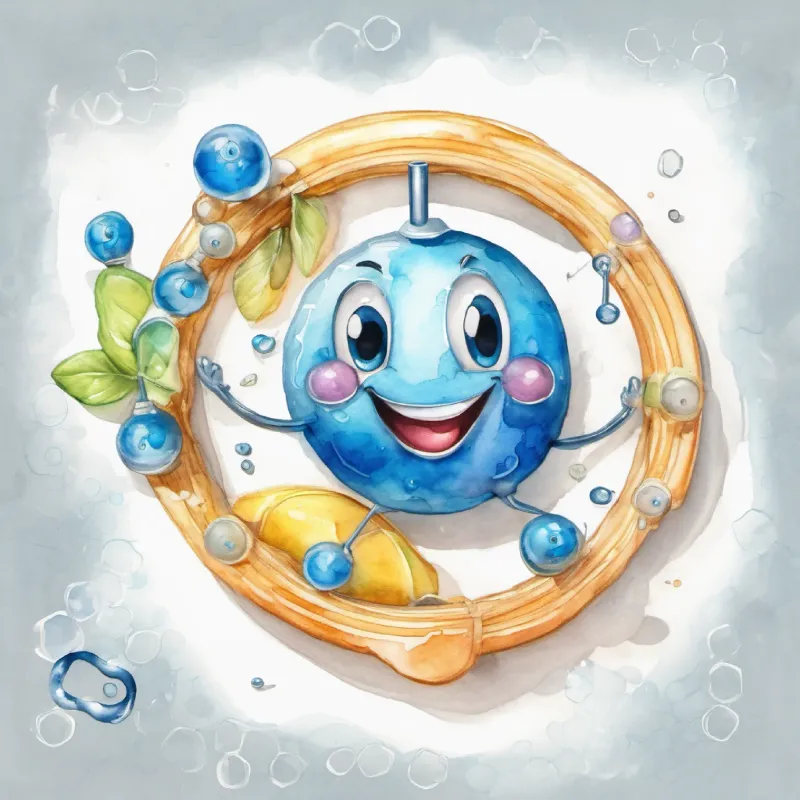 Happy glucose molecule, transparent, with smiling face and bright blue eyes enters a cell and starts the glycolysis process.