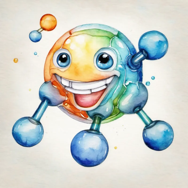 Happy glucose molecule, transparent, with smiling face and bright blue eyes meets Hexokinase, the first enzyme of glycolysis.