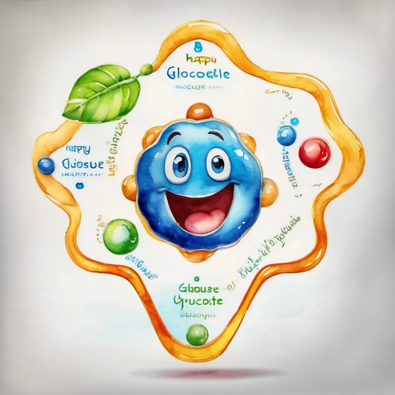 Happy glucose molecule, transparent, with smiling face and bright blue eyes goes through glycolysis steps, becomes Fructose-1,6-bisphosphate.