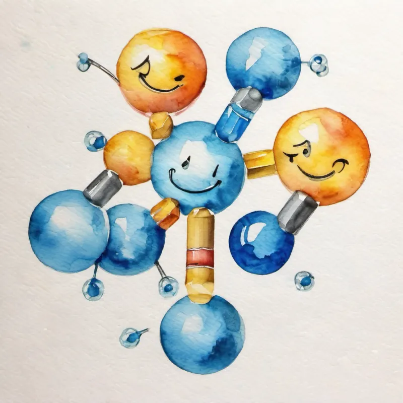 Happy glucose molecule, transparent, with smiling face and bright blue eyes splits into two 3-carbon molecules, releasing energy.