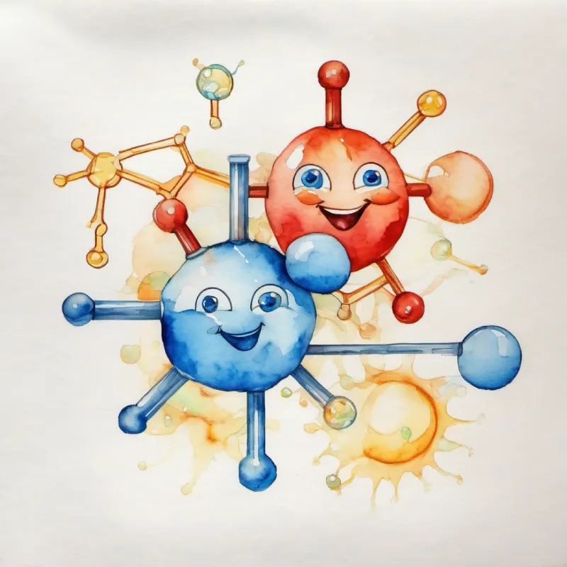 Happy glucose molecule, transparent, with smiling face and bright blue eyes becomes two Pyruvates, carries energy as ATP.