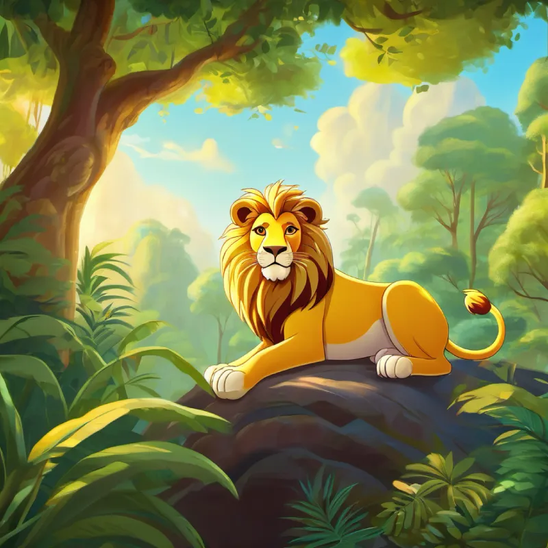 Introduction to Young lion with a golden mane and playful eyes the lion in his jungle home, sunny day