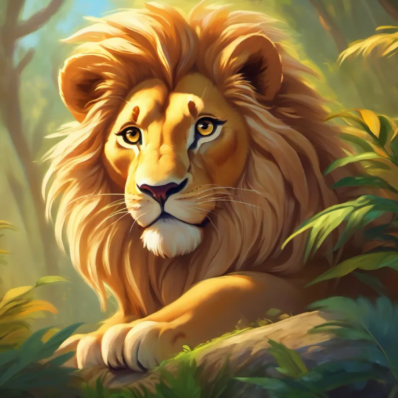 Young lion with a golden mane and playful eyes calling friends to play, animals gathering