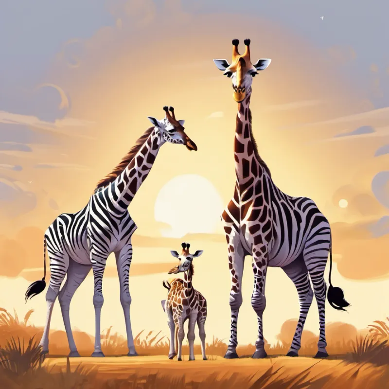 Friends arriving: Tall giraffe with a long neck and brown spots, Fast zebra with black and white stripes, Big elephant with a long trunk and big ears, excited to play