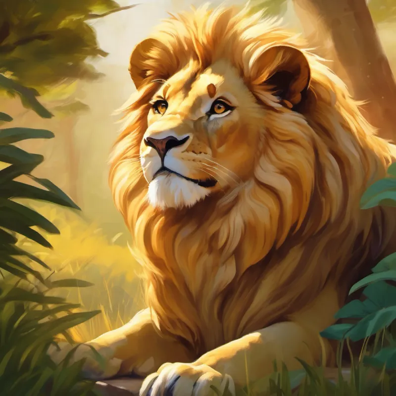 Young lion with a golden mane and playful eyes counting, friends hiding, game of hide and seek starts