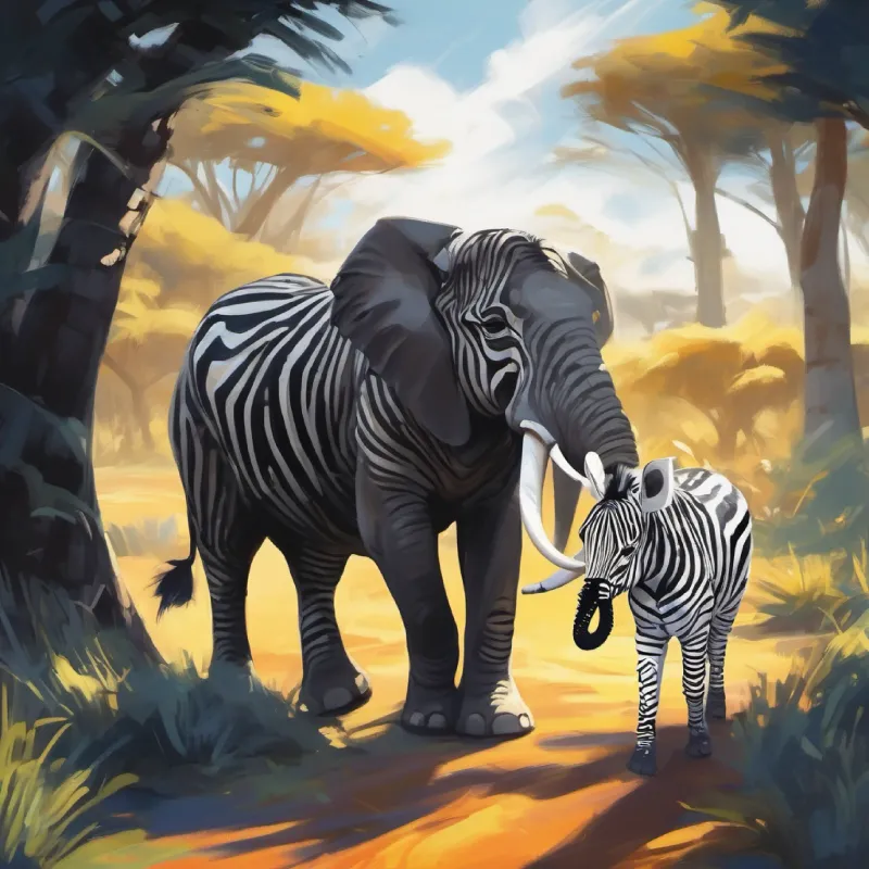 Fast zebra with black and white stripes and Big elephant with a long trunk and big ears found, laughter, playful hide and seek moments